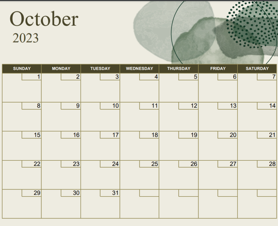 Blank October 2023 Monthly Calendar PDF