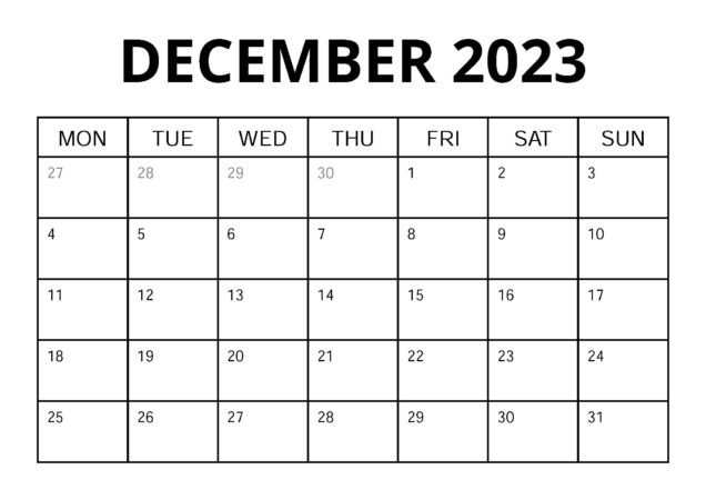 December 2023 Blank Calendar with Blank & White Format