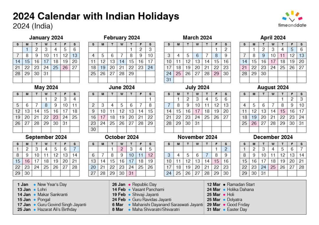2024 Calendar with Indian Holidays