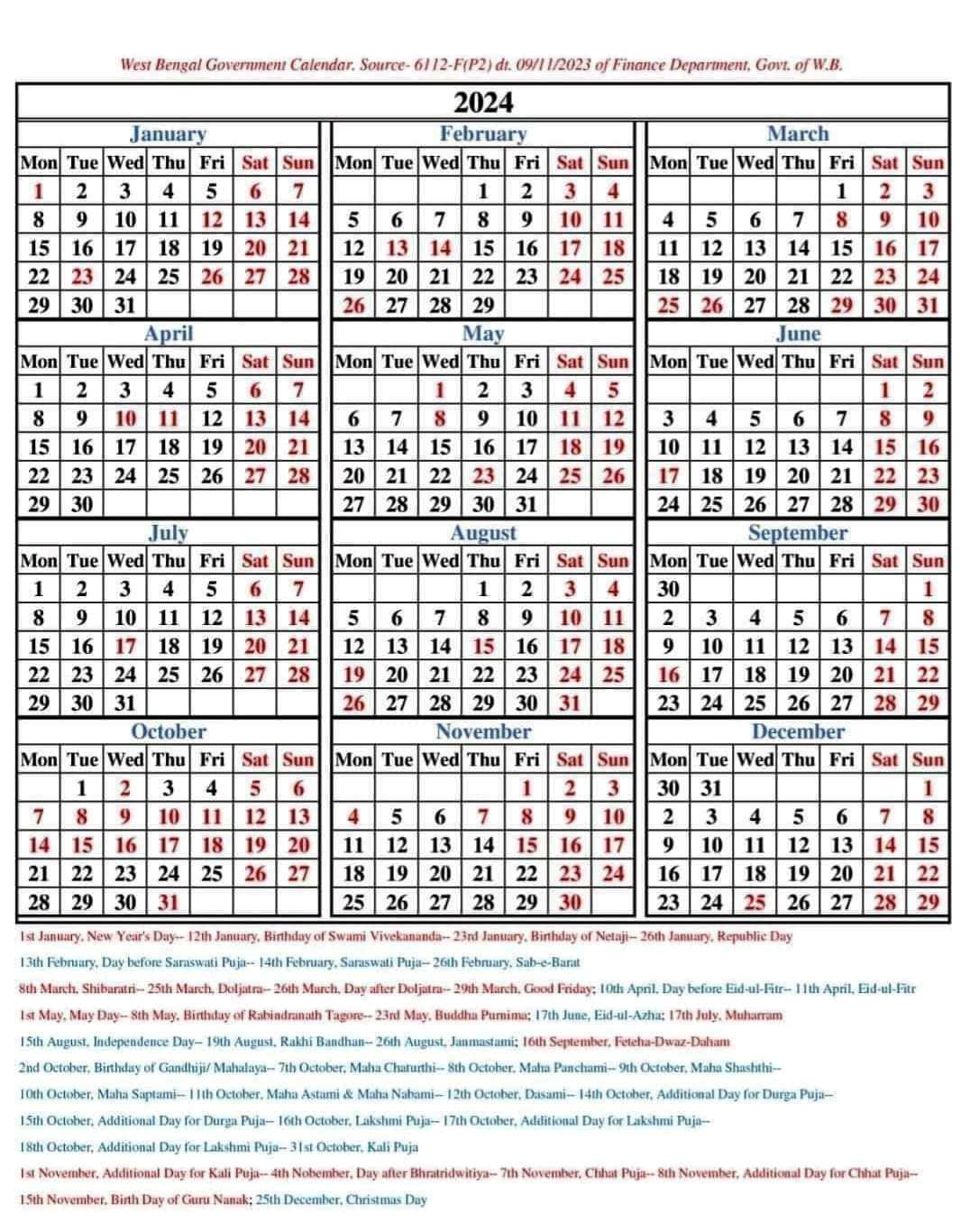 WB Govt Calendar 2024