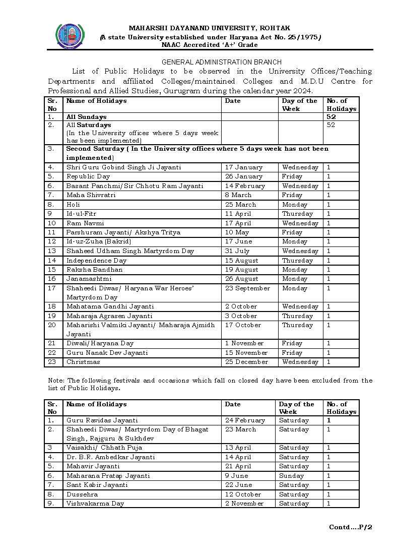MDU University Holiday List 2024 PDF
