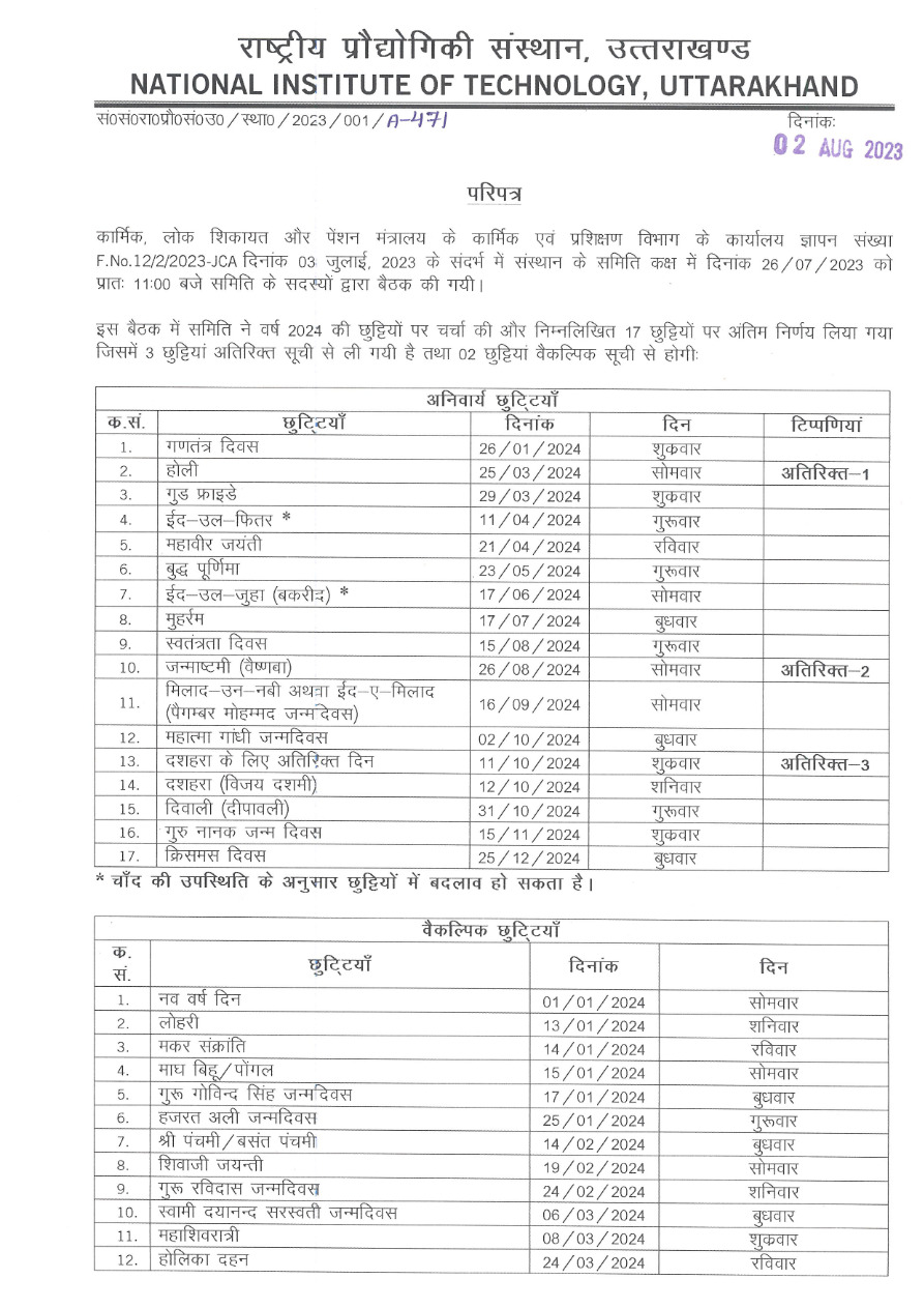 NCT Holiday List 2024 Uttarakhand