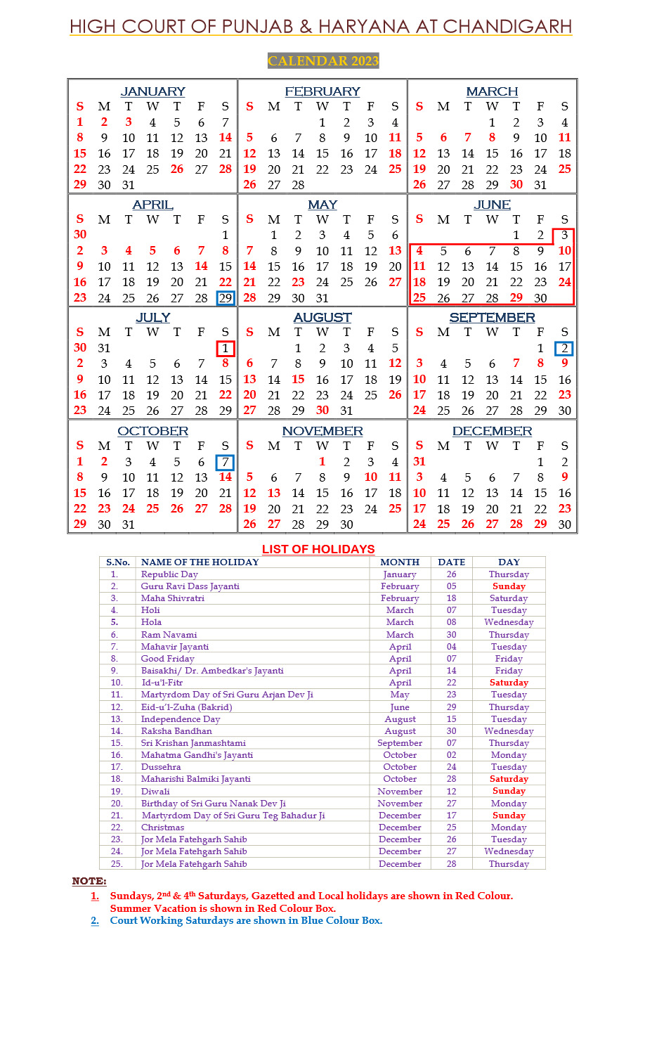 Punjab and Haryana High Court Calendar 2024