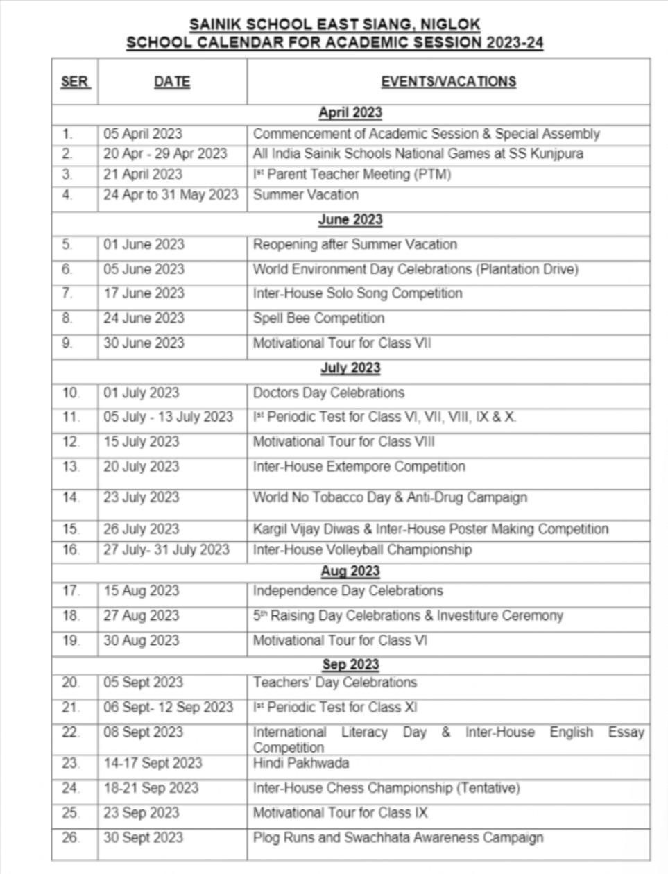 Sainik School Holiday List 2023-24