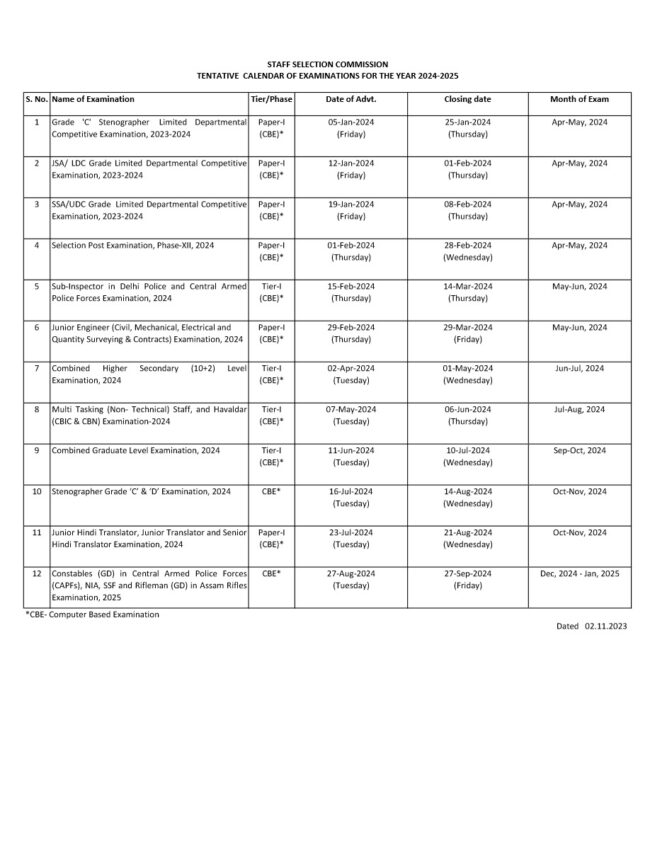 SSC Calendar 2024 to 2025 PDF CalendarPDF