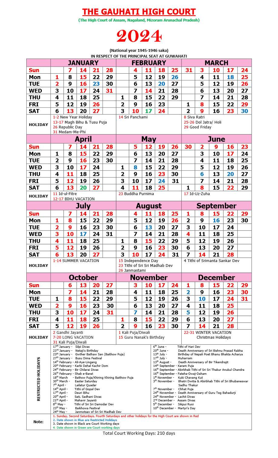 Arunachal Pradesh High Court Calendar 2024