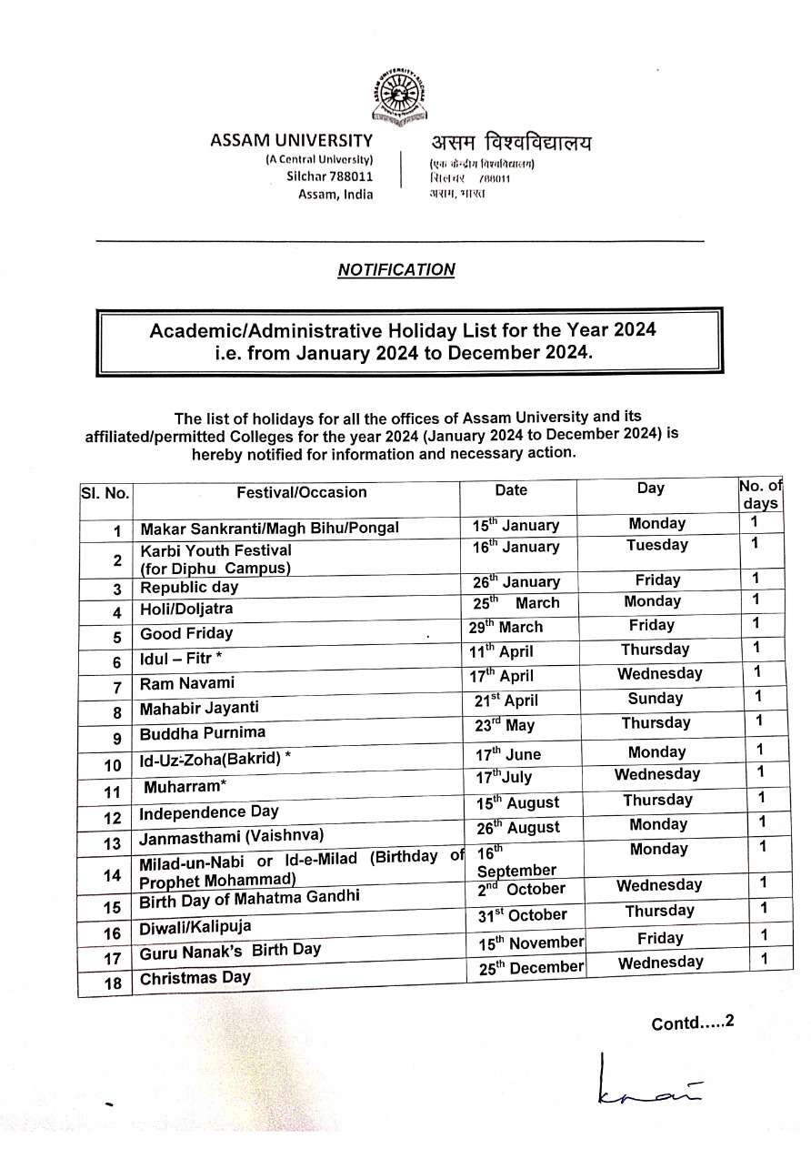 Assam University Holiday List 2024
