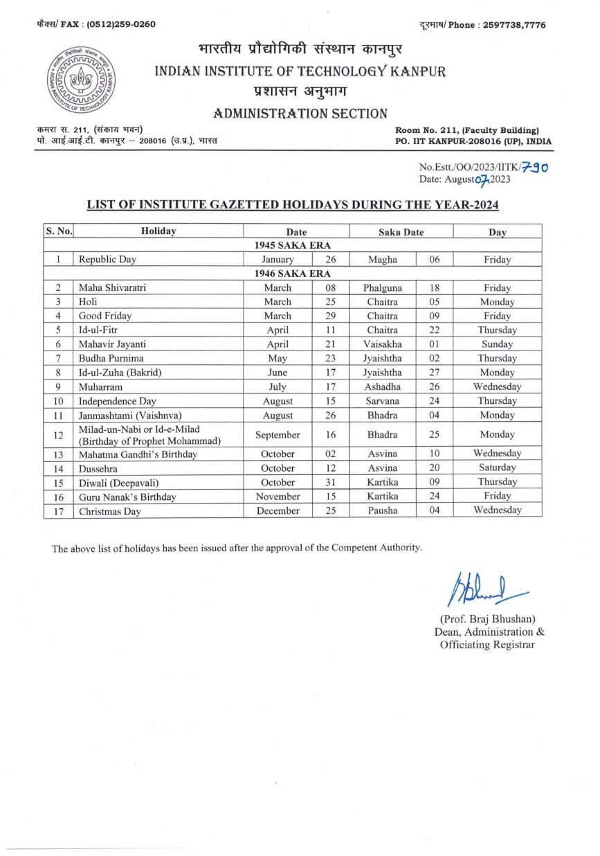 IIT Kanpur Holiday List 2024