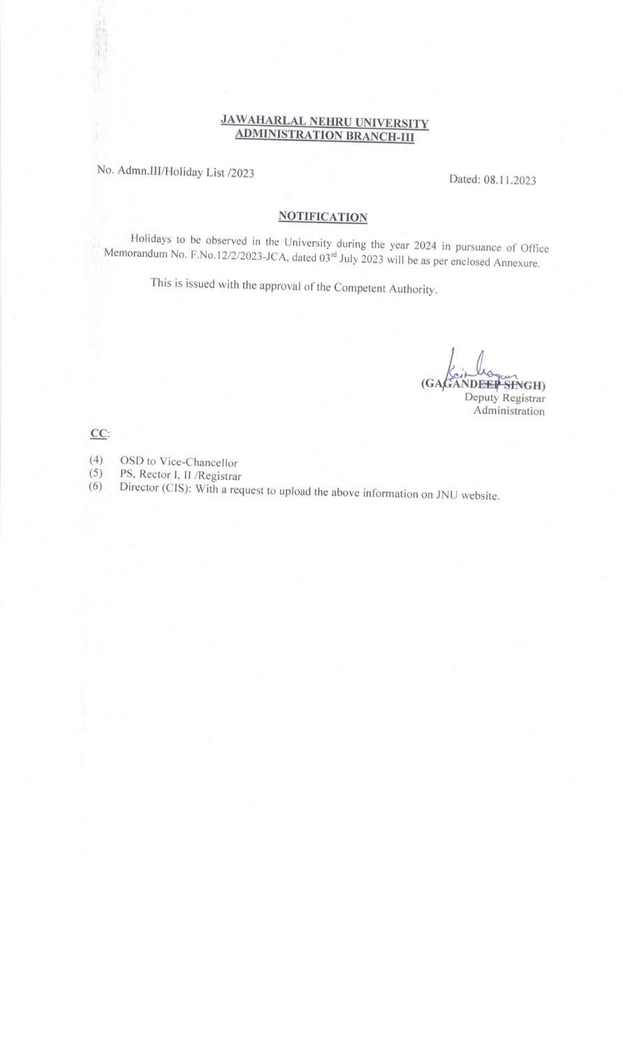 Jawaharlal Nehru University Holiday List 2024
