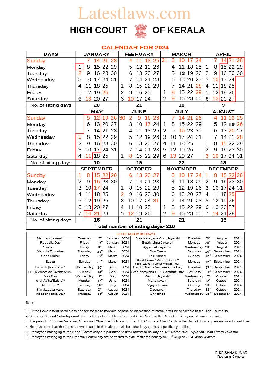 Kerala High Court Calendar 2024 PDF CalendarPDF