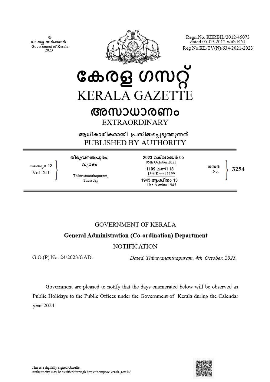 Kerala School Holidays 2024