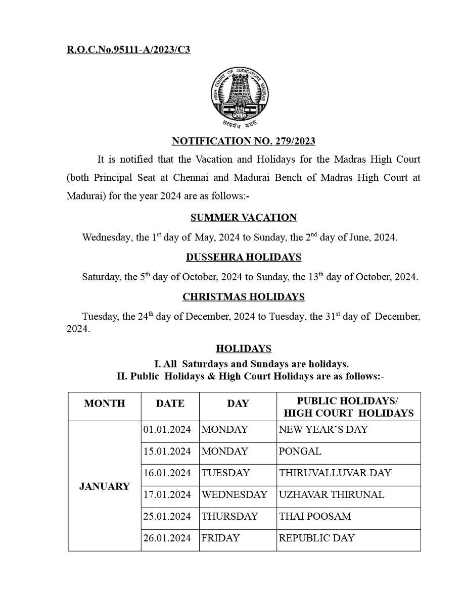 Madaras High Court Calendar 2024