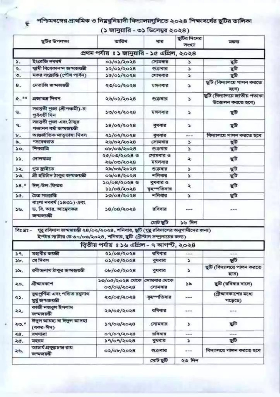 School Holiday List 2024 West Bengal