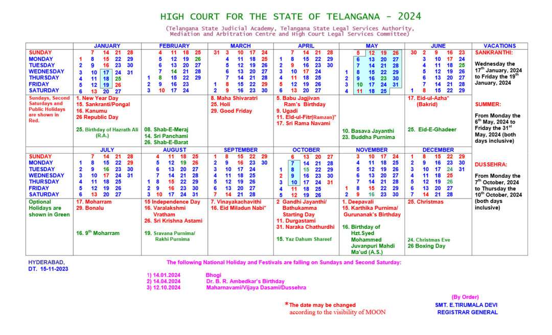 Telangana High Court Calendar 2024