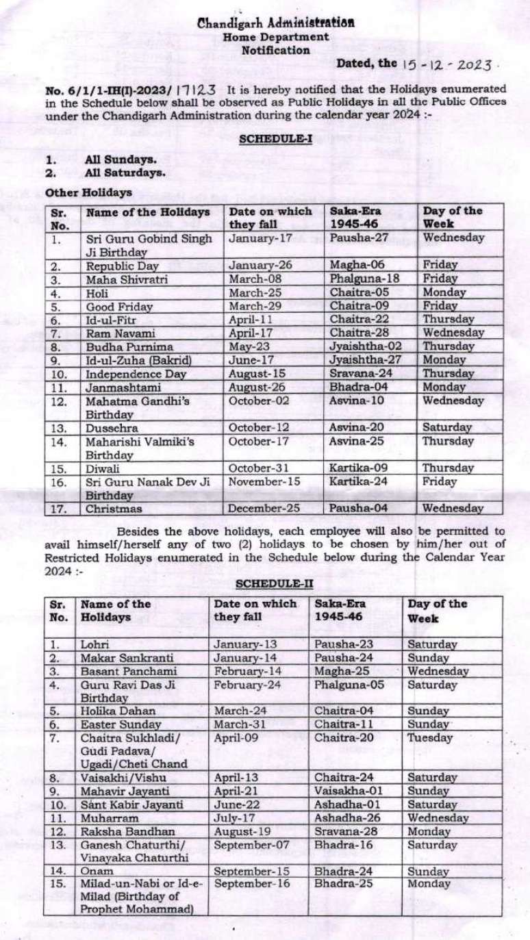 Chandigarh Administration Calendar 2024