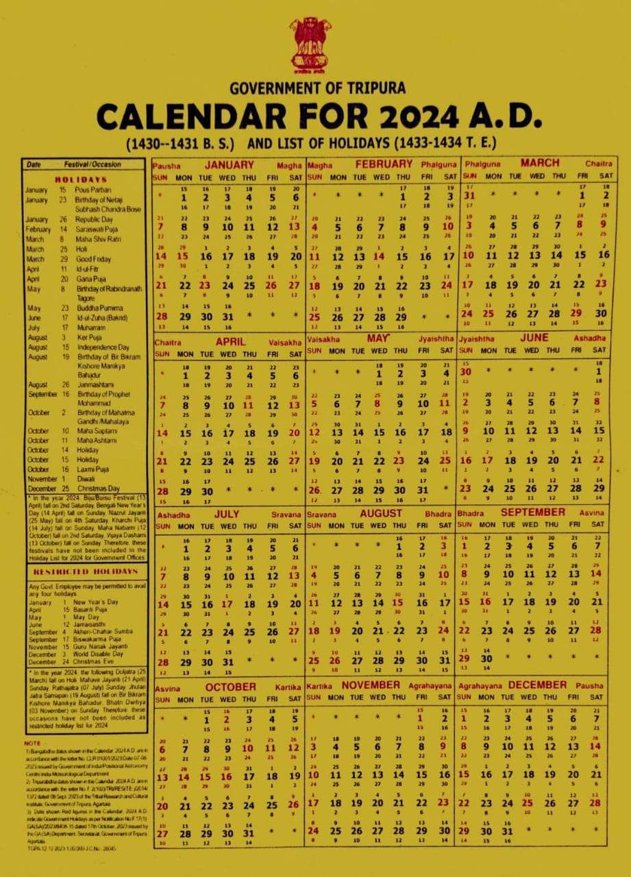 Tripura Govt Calendar 2024
